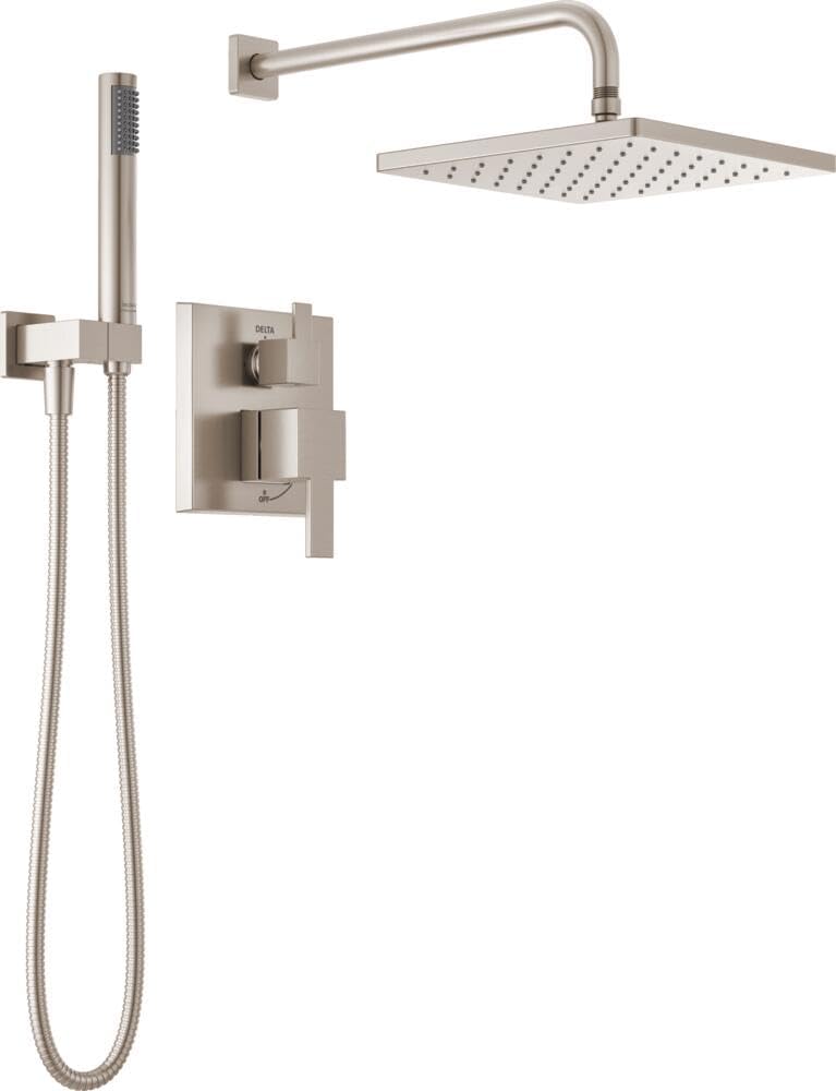 Delta Modern 14 Series Square Rain Shower System Faucet Set, Rainfall Chrome Shower Head and Handle Set, Valve Trim Kit, 10 Inch, Chrome 342701