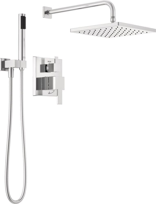 Delta Modern 14 Series Square Rain Shower System Faucet Set, Rainfall Chrome Shower Head and Handle Set, Valve Trim Kit, 10 Inch, Chrome 342701