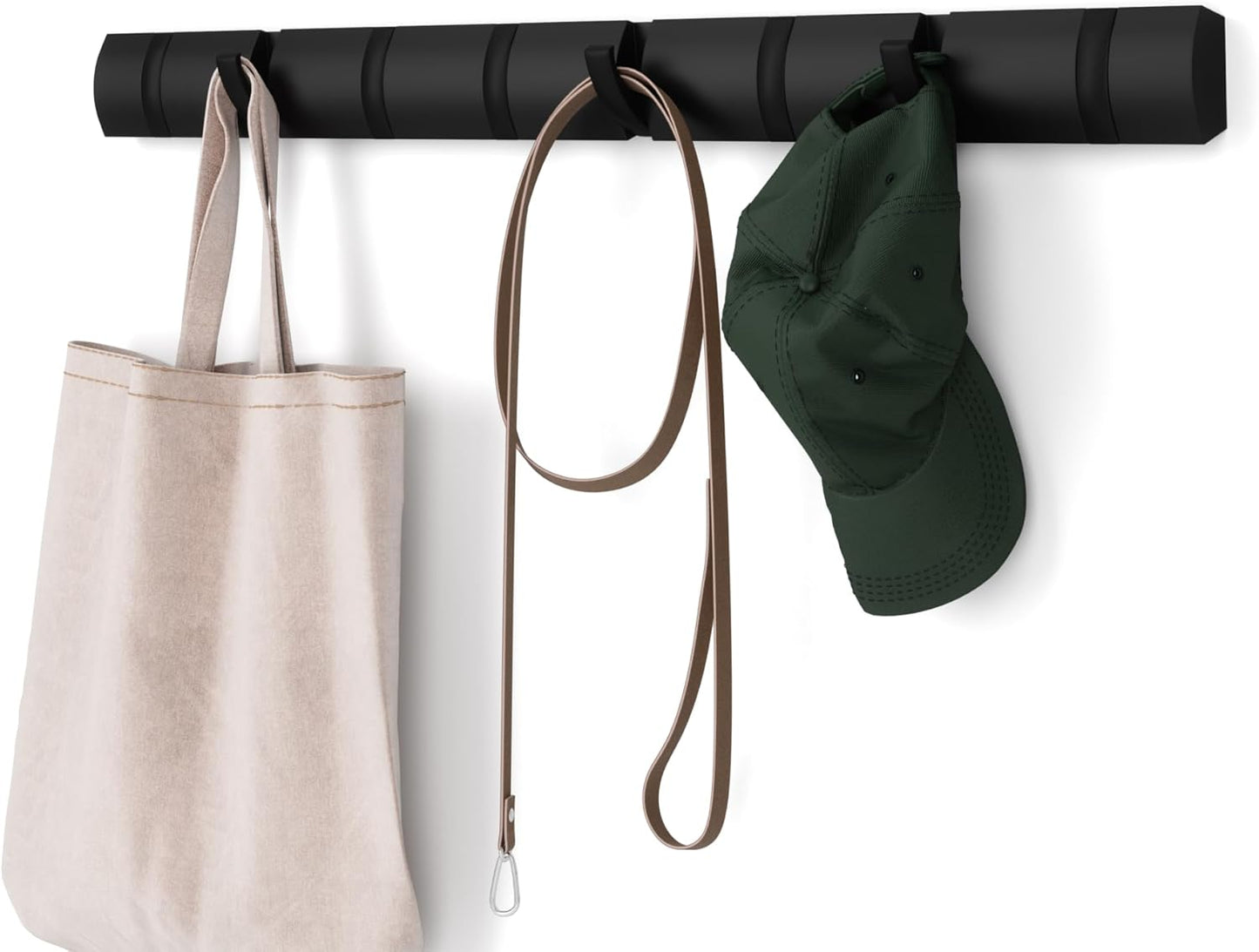 Umbra FLIP Wall Mounted Floating Rack – Modern, Sleek, Space-Saving Hanger with Retractable Hooks to Hang Coats, Scarves, Purses and More, Walnut/Gold