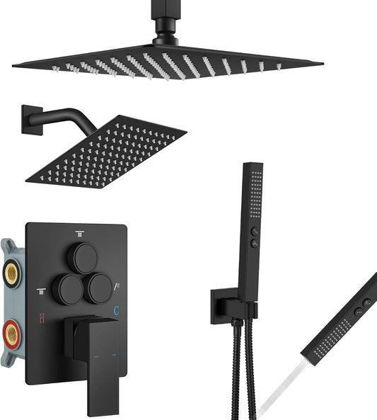 Aolemi Shower Faucet Set Ceiling Mount Shower System Rough-in Valve and Shower Trim Kit 10 and 6 Inch Dual Shower Head 2 in 1 Handheld Spray Push Button Diverter Matte Black