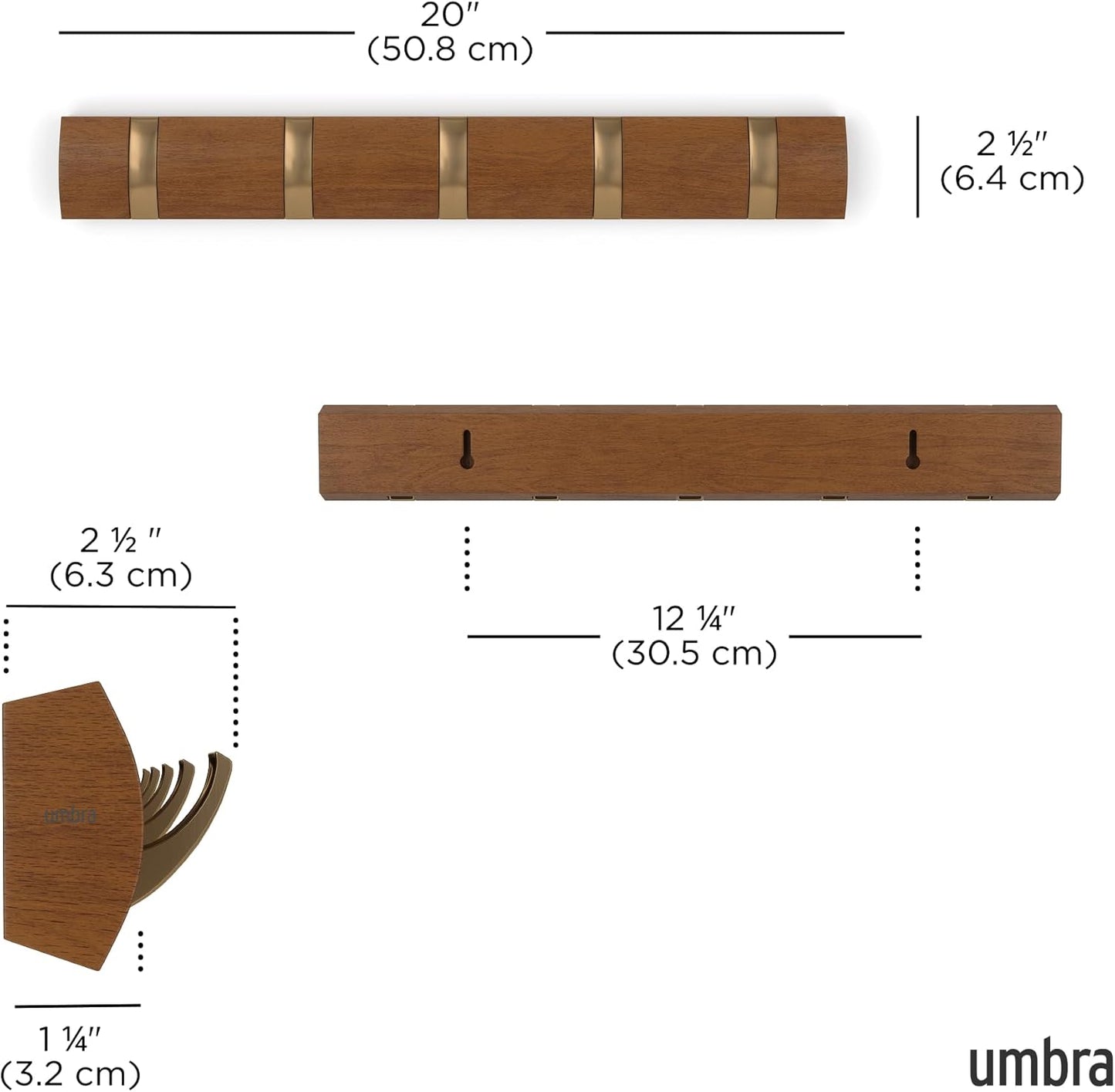 Umbra FLIP Wall Mounted Floating Rack – Modern, Sleek, Space-Saving Hanger with Retractable Hooks to Hang Coats, Scarves, Purses and More, Walnut/Gold