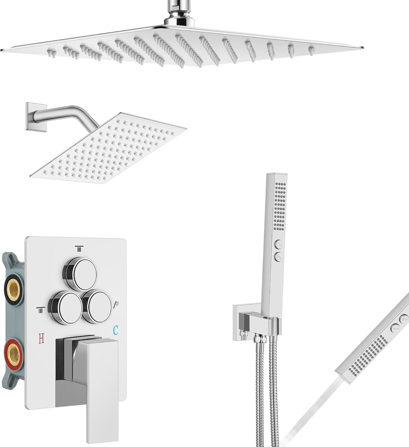 Aolemi Shower Faucet Set Ceiling Mount Shower System Rough-in Valve and Shower Trim Kit 10 and 6 Inch Dual Shower Head 2 in 1 Handheld Spray Push Button Diverter Matte Black