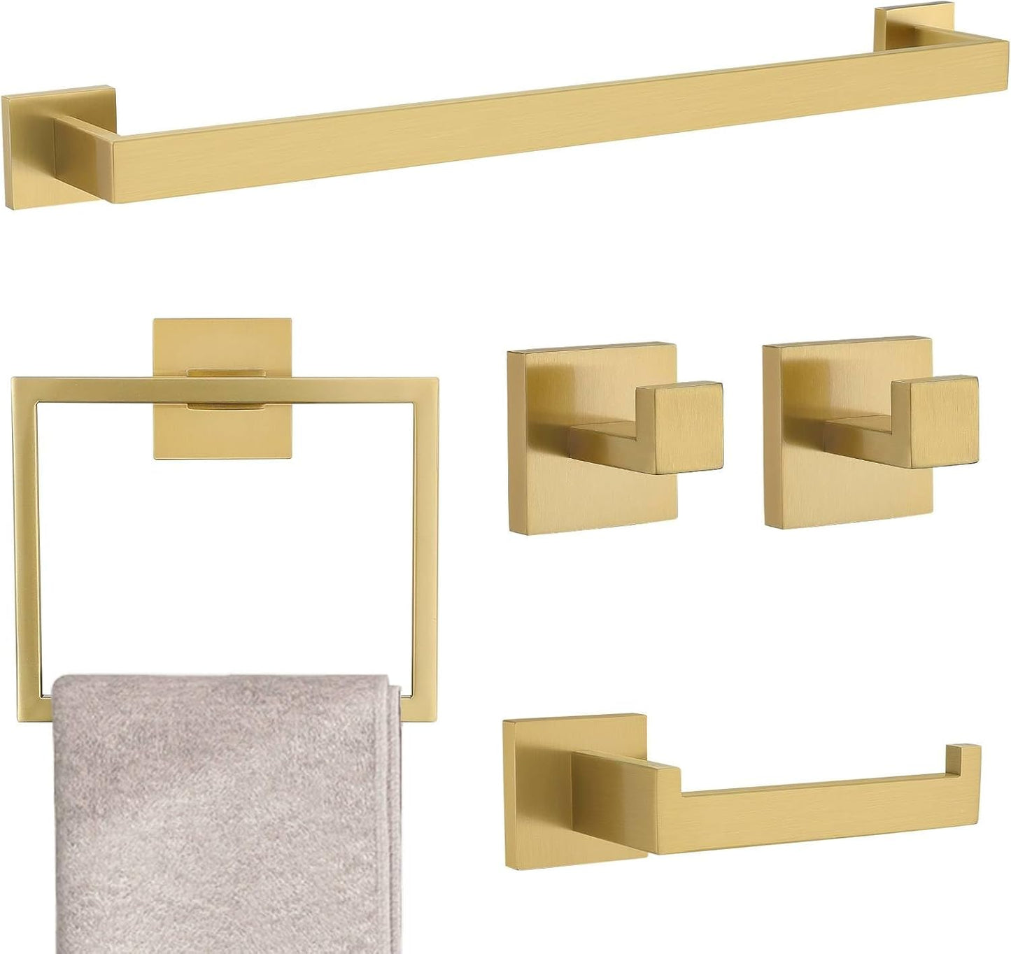 10-Piece Bathroom Hardware Accessories Set-Brushed Gold Towel Bar, Holder & Racks-SUS304 Stainless Steel-Wall Mounted,23.6-Inch