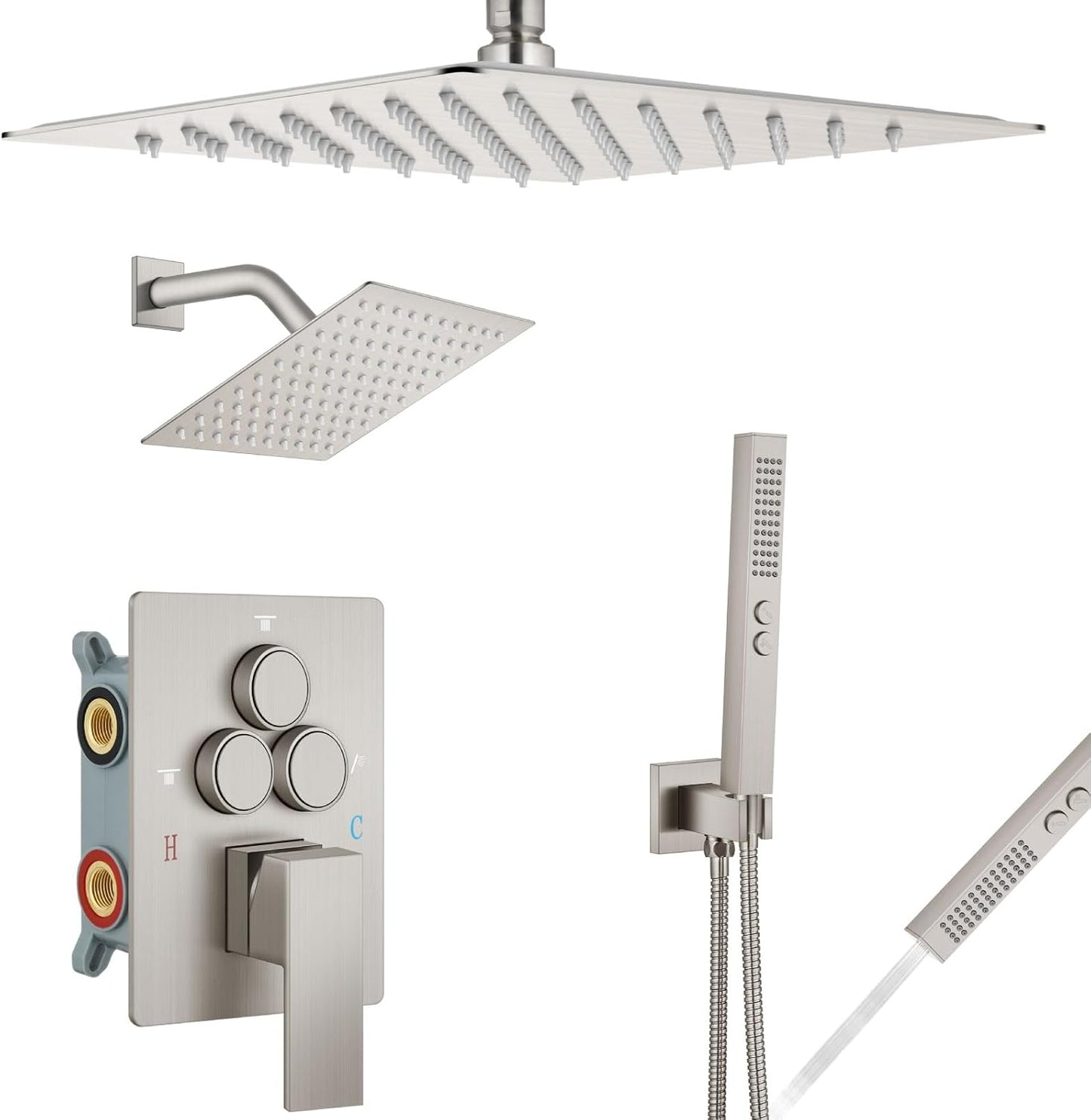 Aolemi Shower Faucet Set Ceiling Mount Shower System Rough-in Valve and Shower Trim Kit 10 and 6 Inch Dual Shower Head 2 in 1 Handheld Spray Push Button Diverter Matte Black