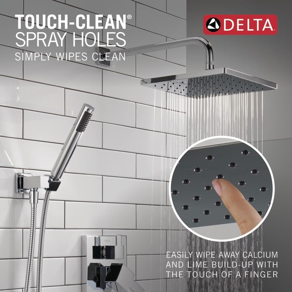 Delta Modern 14 Series Square Rain Shower System Faucet Set, Rainfall Chrome Shower Head and Handle Set, Valve Trim Kit, 10 Inch, Chrome 342701
