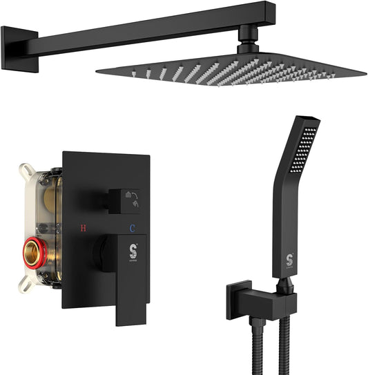 SR SUN RISE Black Square Rainfall Shower Head and Handle Set, Wall Mounted Shower Fixtures, Metal Shower Faucet Trim Repair Kits (With Shower Valve)