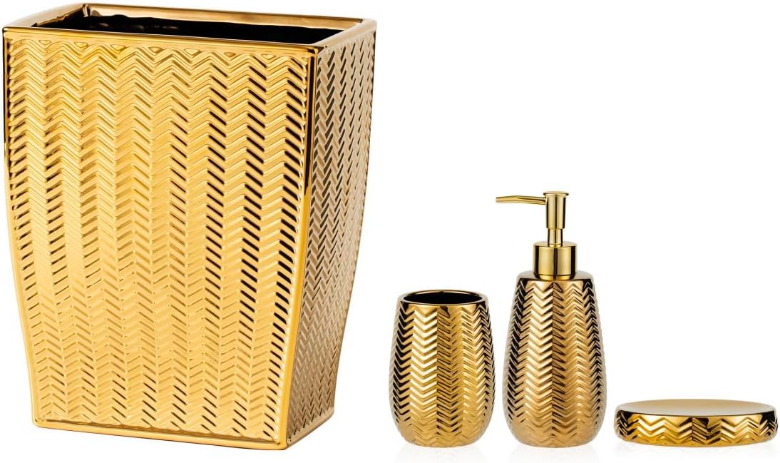 Gold Bathroom Accessories 4pcs Stylish Bathroom Accessories Set Gold Soap Dispenser Pump, Tumbler, Soap Dish and Trash Can Modern Decor Wavy Design Ceramic Bathroom Accessory Set