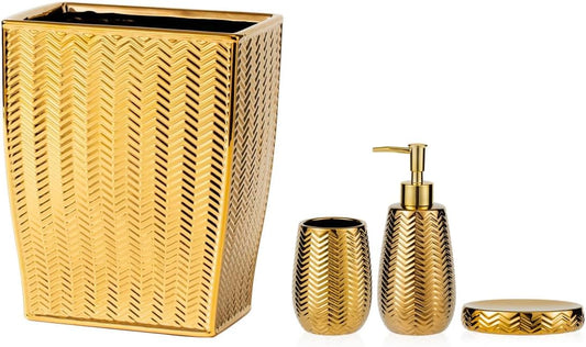 Gold Bathroom Accessories 4pcs Stylish Bathroom Accessories Set Gold Soap Dispenser Pump, Tumbler, Soap Dish and Trash Can Modern Decor Wavy Design Ceramic Bathroom Accessory Set