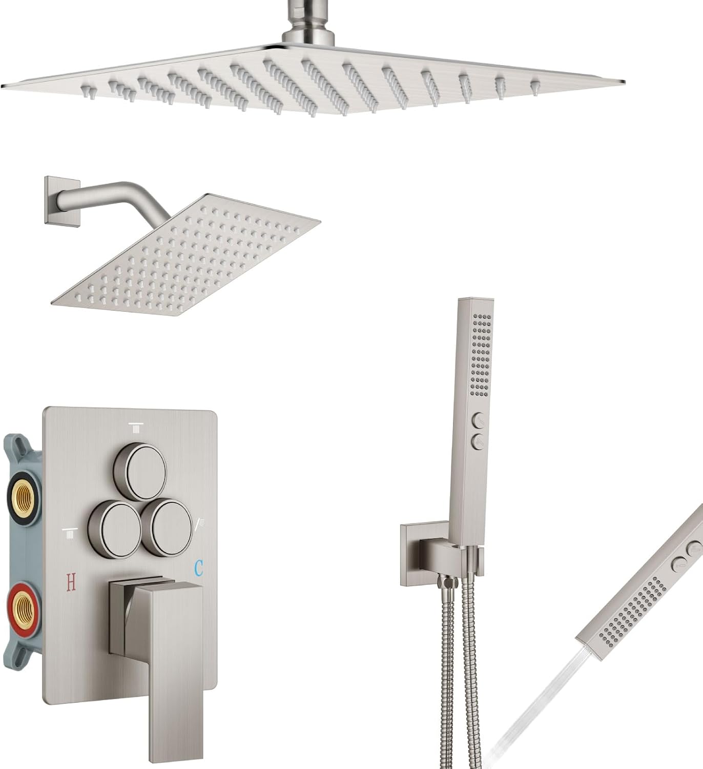 Aolemi Shower Faucet Set Ceiling Mount Shower System Rough-in Valve and Shower Trim Kit 10 and 6 Inch Dual Shower Head 2 in 1 Handheld Spray Push Button Diverter Matte Black