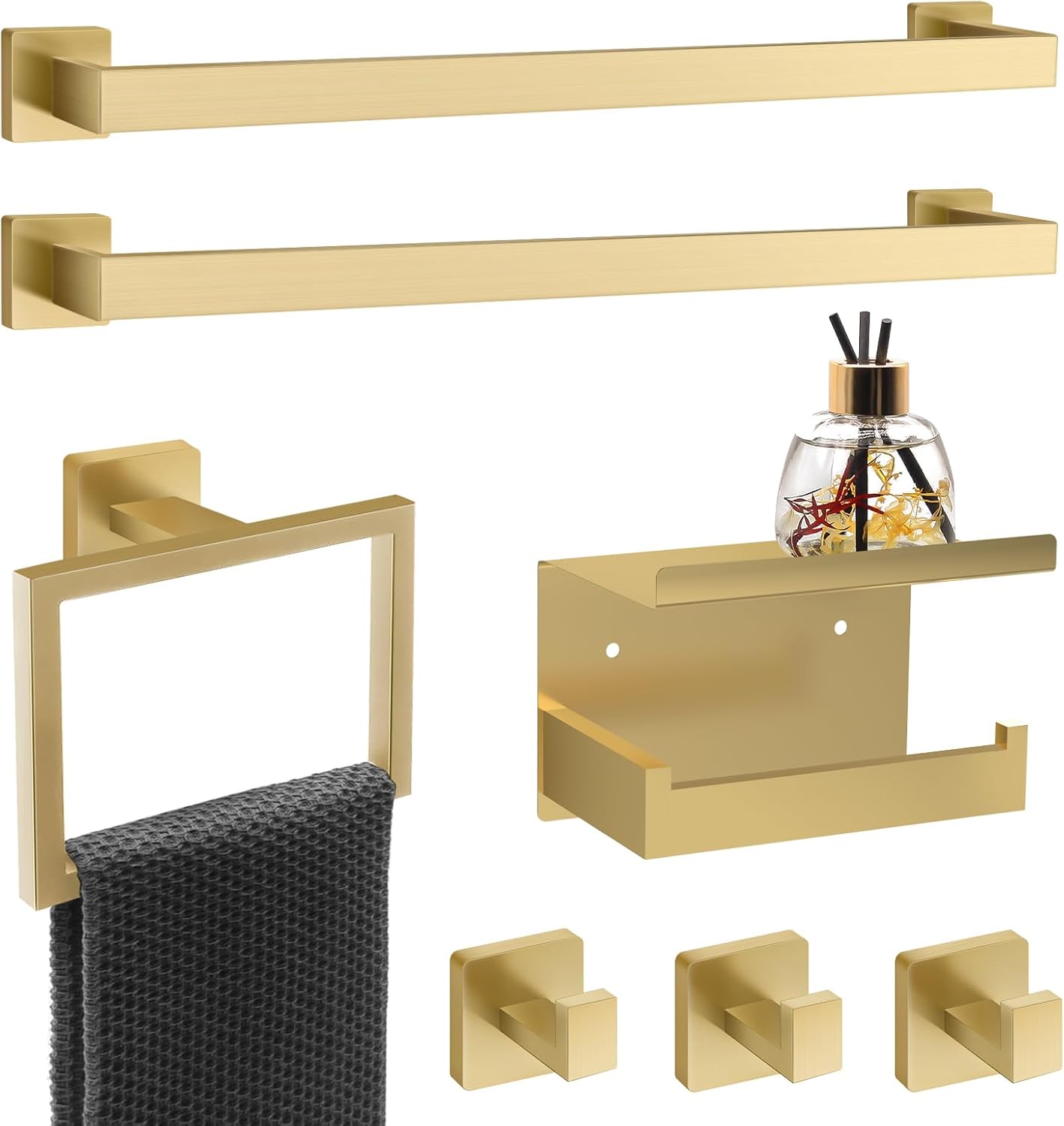 7 Piece Gold Bathroom Hardware Set with Brushed Gold Bathroom Accessories - Square 2 Towel Bars Towel Rack Stainless Steel 23-Inch