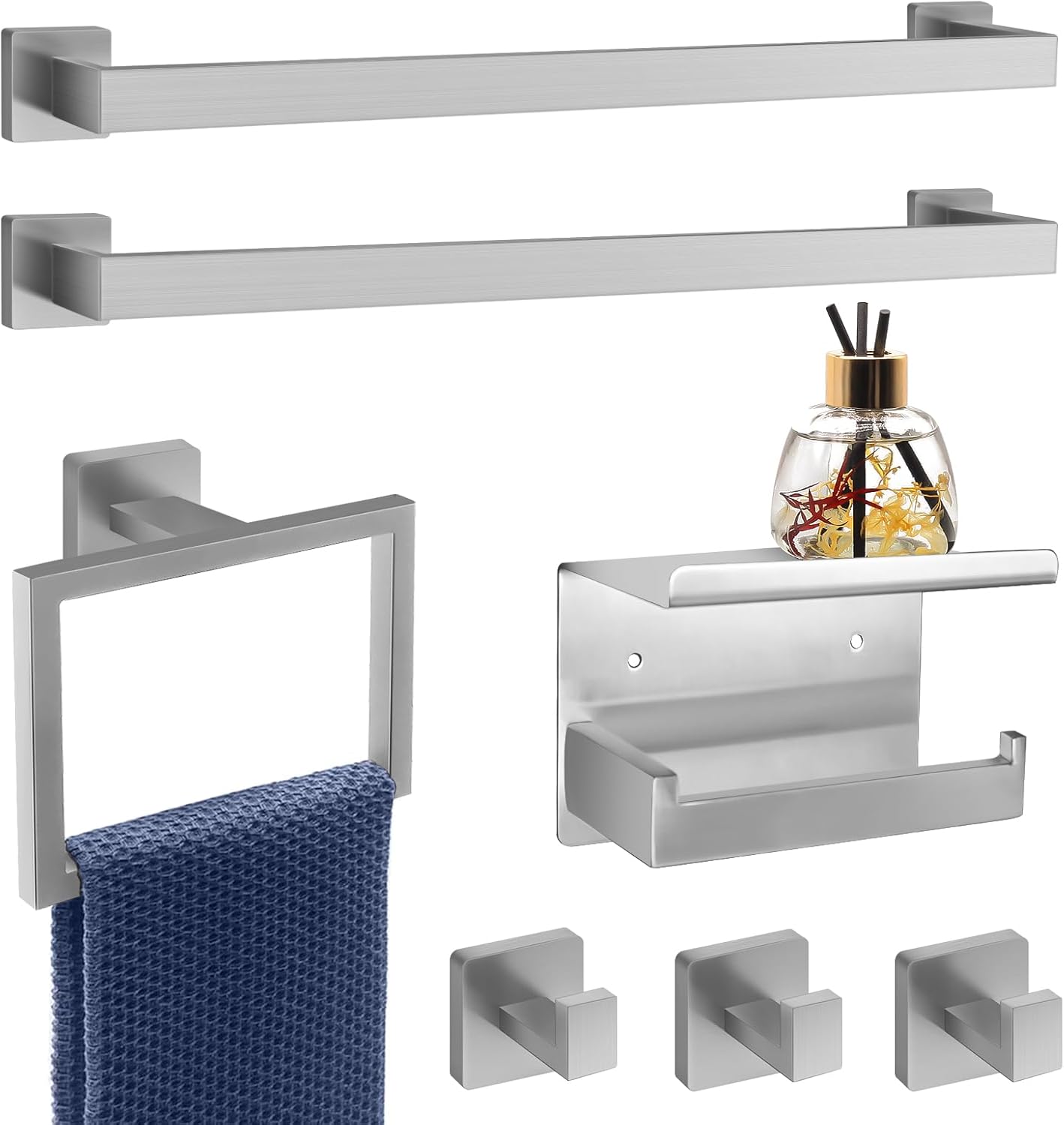 7 Piece Gold Bathroom Hardware Set with Brushed Gold Bathroom Accessories - Square 2 Towel Bars Towel Rack Stainless Steel 23-Inch