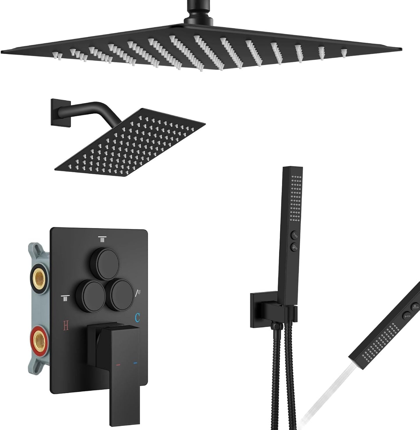 Aolemi Shower Faucet Set Ceiling Mount Shower System Rough-in Valve and Shower Trim Kit 10 and 6 Inch Dual Shower Head 2 in 1 Handheld Spray Push Button Diverter Matte Black
