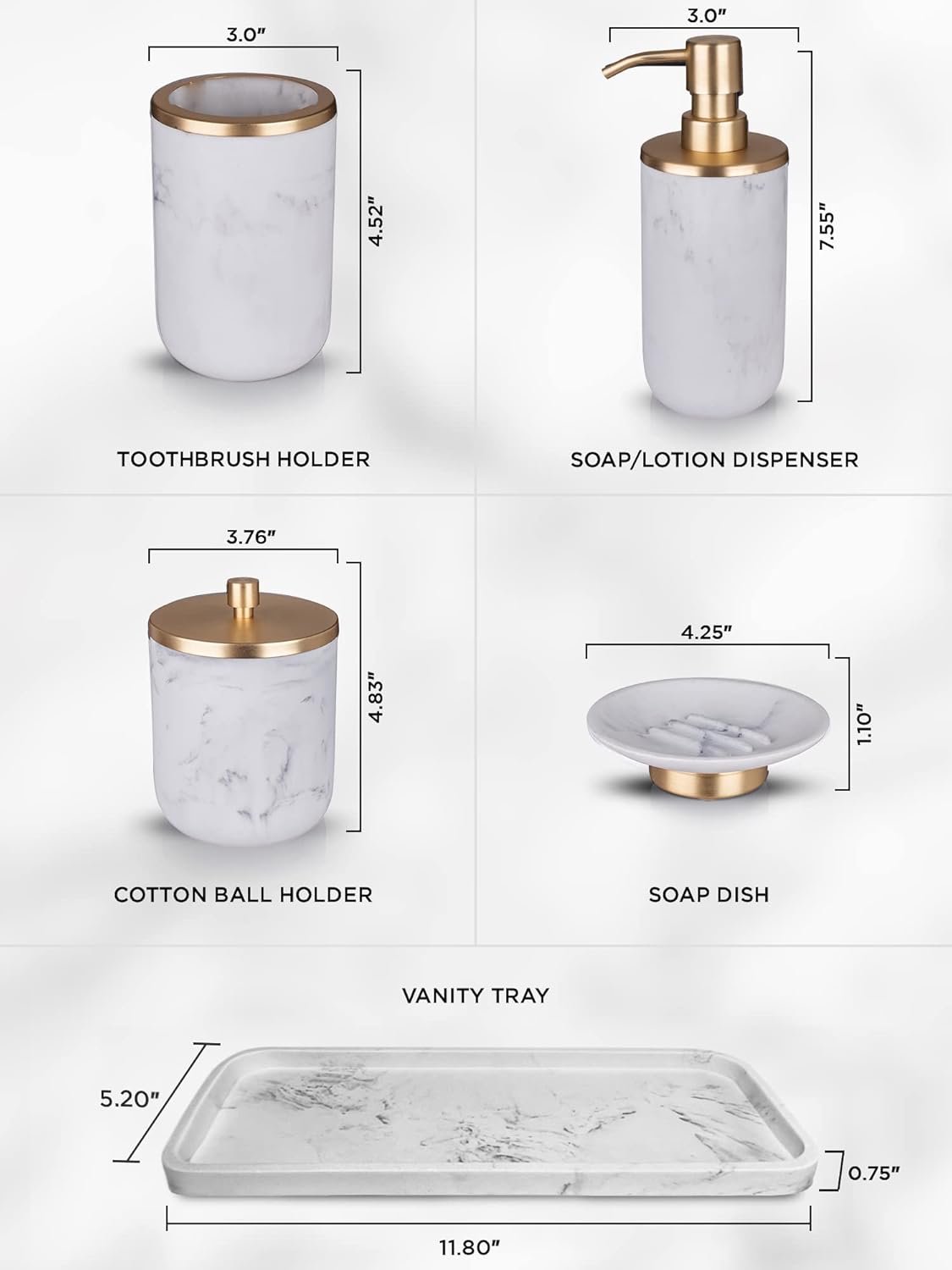 Bathroom Soap Dispenser Set - Bathroom Toothbrush Holder Set, Marble, Gold, Farmhouse Bathroom Decor, 5 Piece Bathroom Accessories Set