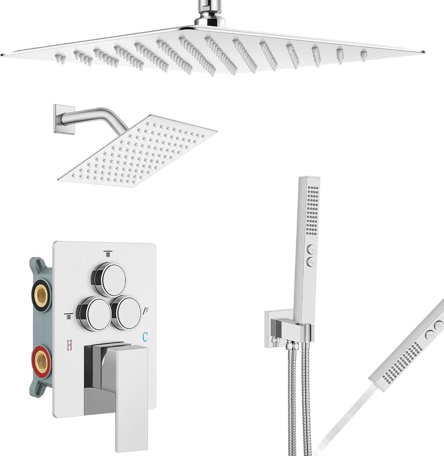 Aolemi Shower Faucet Set Ceiling Mount Shower System Rough-in Valve and Shower Trim Kit 10 and 6 Inch Dual Shower Head 2 in 1 Handheld Spray Push Button Diverter Matte Black