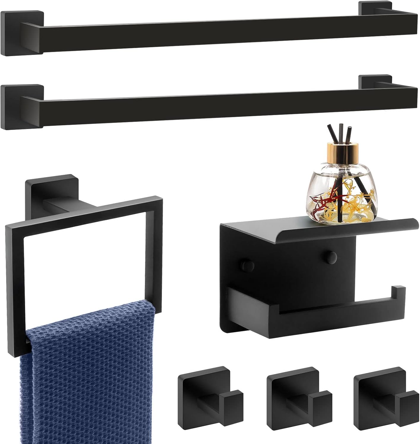 7 Piece Gold Bathroom Hardware Set with Brushed Gold Bathroom Accessories - Square 2 Towel Bars Towel Rack Stainless Steel 23-Inch