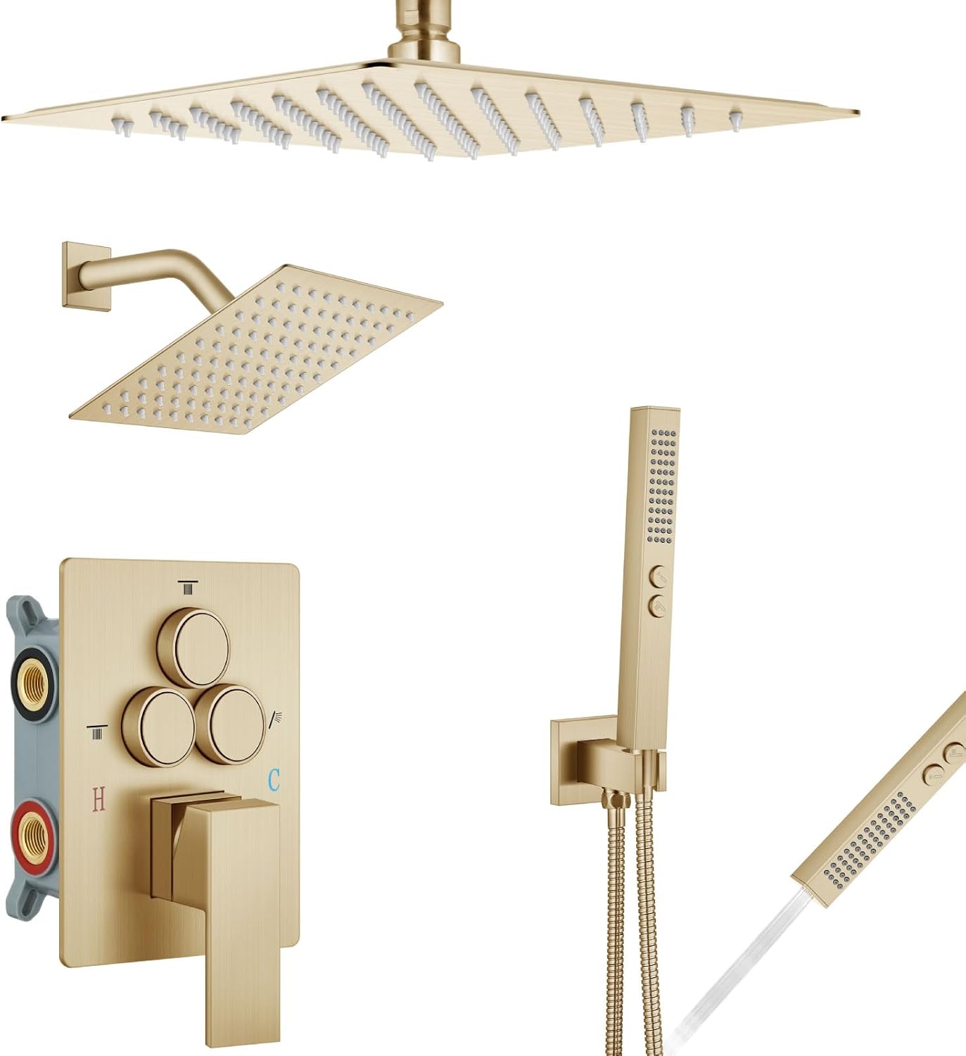 Aolemi Shower Faucet Set Ceiling Mount Shower System Rough-in Valve and Shower Trim Kit 10 and 6 Inch Dual Shower Head 2 in 1 Handheld Spray Push Button Diverter Matte Black