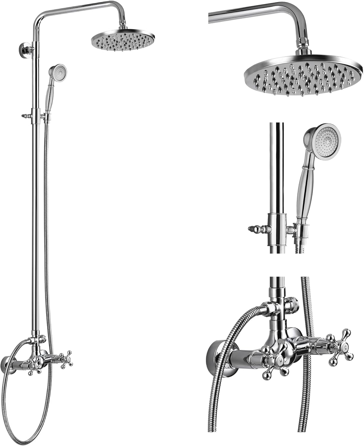 gotonovo Exposed Bathroom Shower Faucet Set Shower Fixture 8 Inch Rainfall Shower Head Handheld Shower Cross Handle Wall Mount 2 Functions Oil Rubbed Bronze