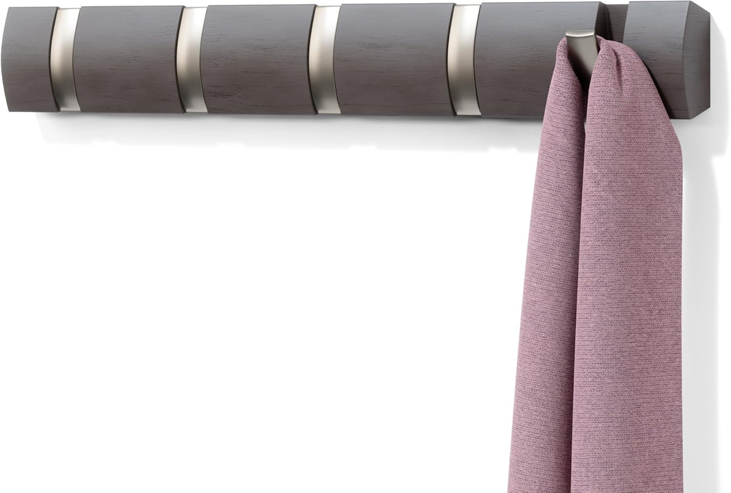 Umbra FLIP Wall Mounted Floating Rack – Modern, Sleek, Space-Saving Hanger with Retractable Hooks to Hang Coats, Scarves, Purses and More, Walnut/Gold