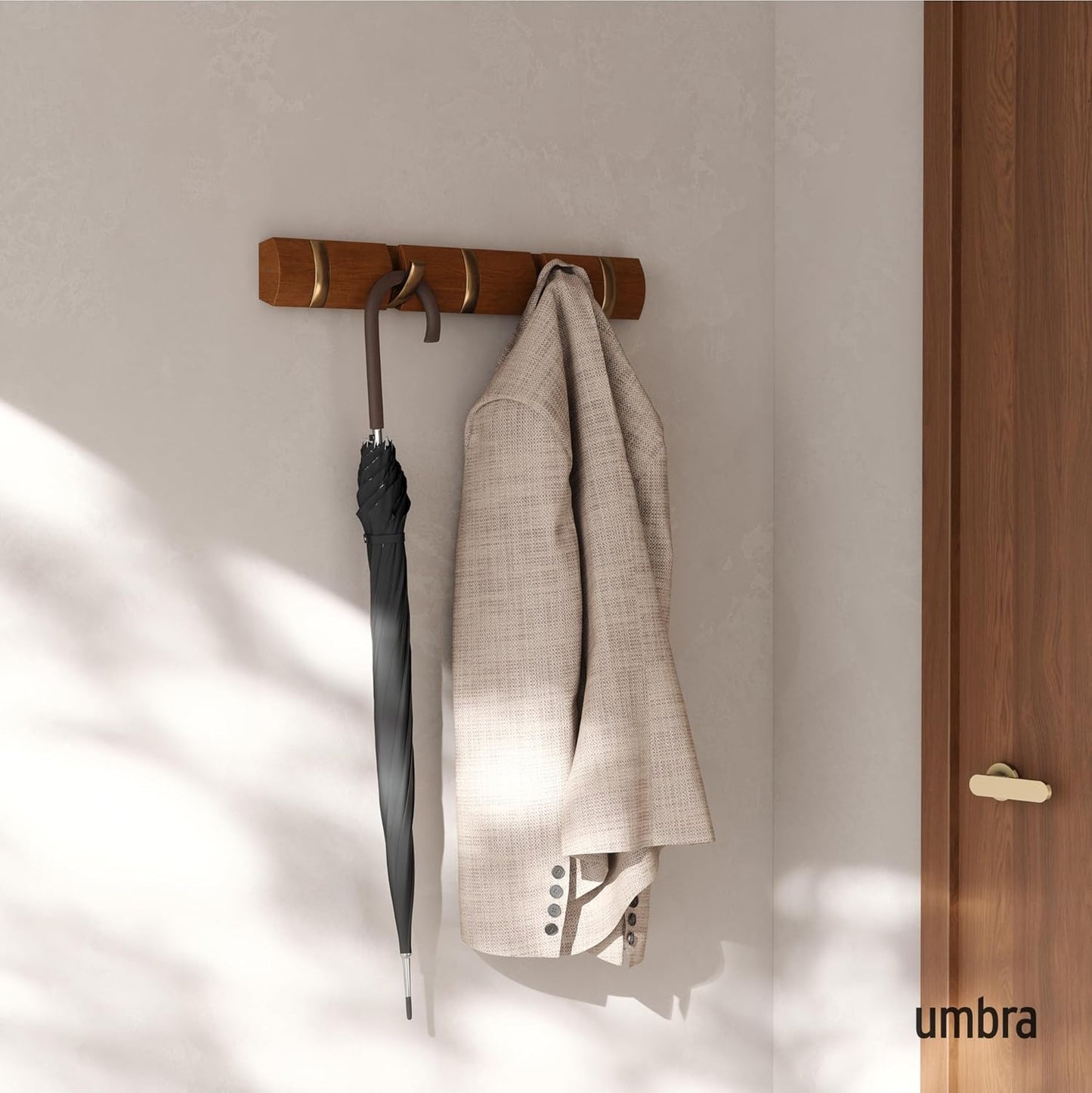 Umbra FLIP Wall Mounted Floating Rack – Modern, Sleek, Space-Saving Hanger with Retractable Hooks to Hang Coats, Scarves, Purses and More, Walnut/Gold