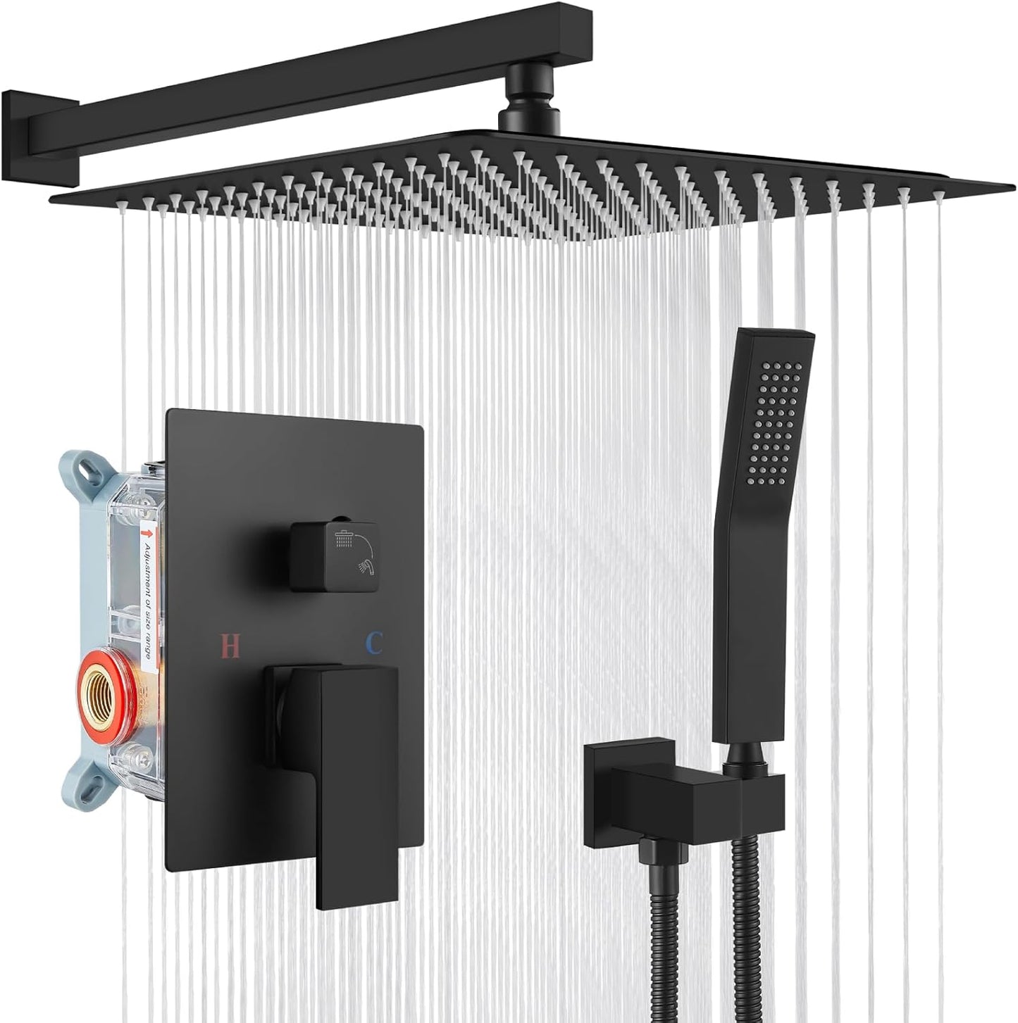 gotonovo Rainfall Bathroom Shower System Rain Shower Head and Handle Set Wall Mounted Shower Complete Combo Solid Brass Pressure Balancing Shower Mixer Valve 10 Inch Matte Black