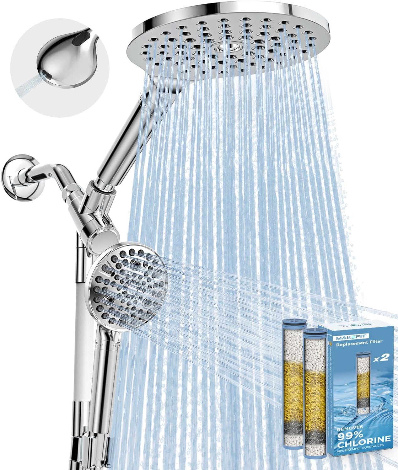 MakeFit Dual Filtered Rain Shower Head Combo, High Pressure Handheld Shower Head with Adjustable Bar - Rainfall Shower Head And Showerhead with Filter for Hard Water - Removes Chlorine