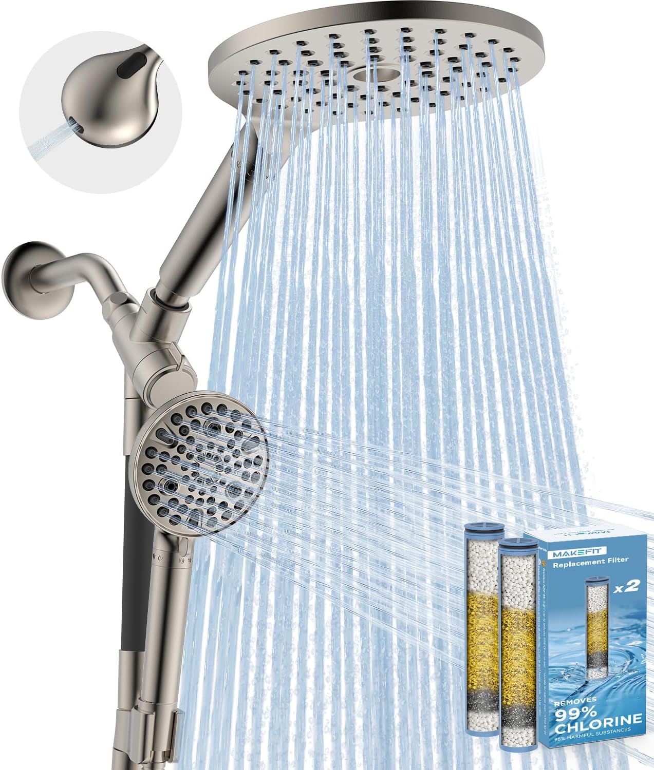 MakeFit Dual Filtered Rain Shower Head Combo, High Pressure Handheld Shower Head with Adjustable Bar - Rainfall Shower Head And Showerhead with Filter for Hard Water - Removes Chlorine