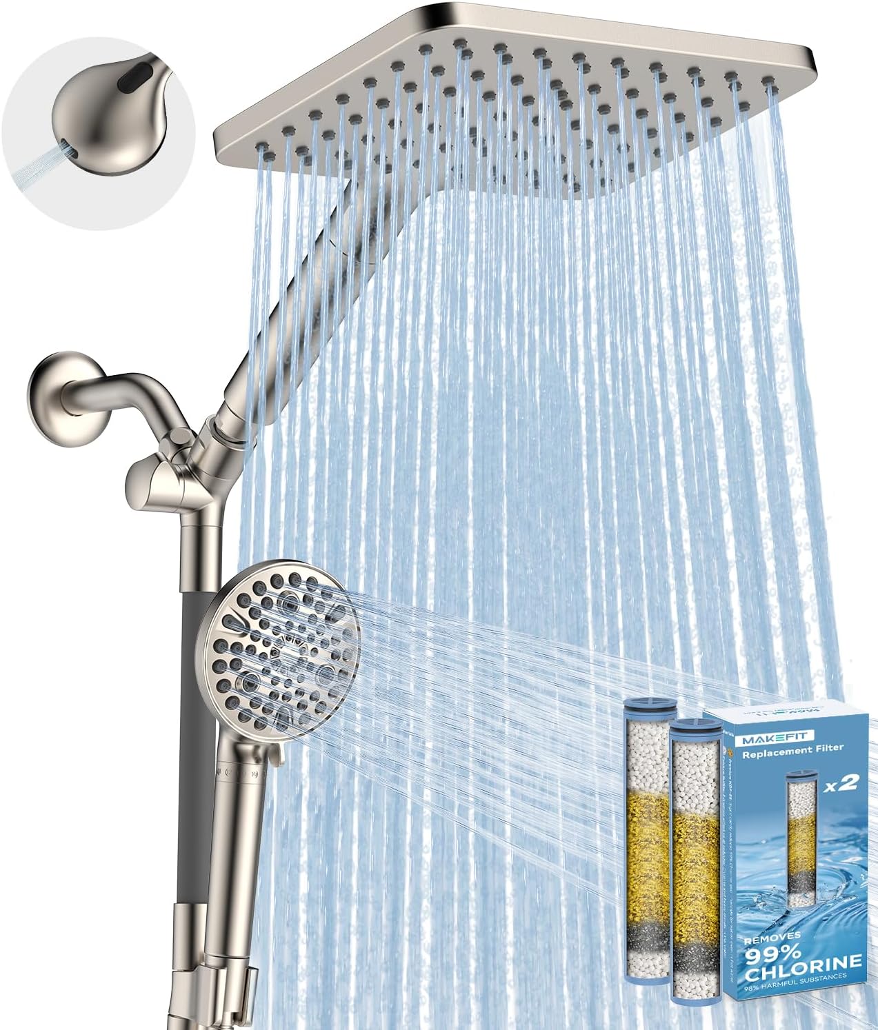 MakeFit Dual Filtered Rain Shower Head Combo, High Pressure Handheld Shower Head with Adjustable Bar - Rainfall Shower Head And Showerhead with Filter for Hard Water - Removes Chlorine