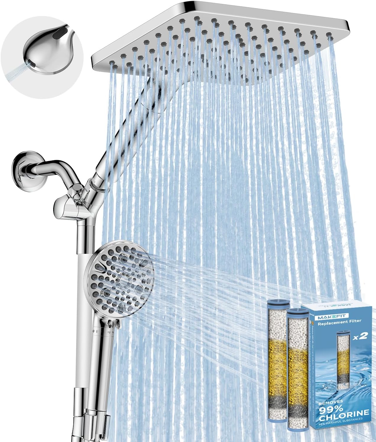 MakeFit Dual Filtered Rain Shower Head Combo, High Pressure Handheld Shower Head with Adjustable Bar - Rainfall Shower Head And Showerhead with Filter for Hard Water - Removes Chlorine