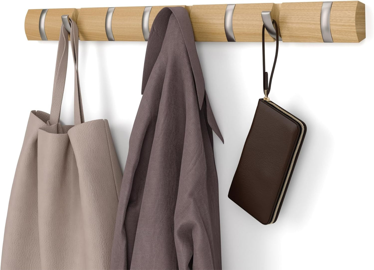 Umbra FLIP Wall Mounted Floating Rack – Modern, Sleek, Space-Saving Hanger with Retractable Hooks to Hang Coats, Scarves, Purses and More, Walnut/Gold