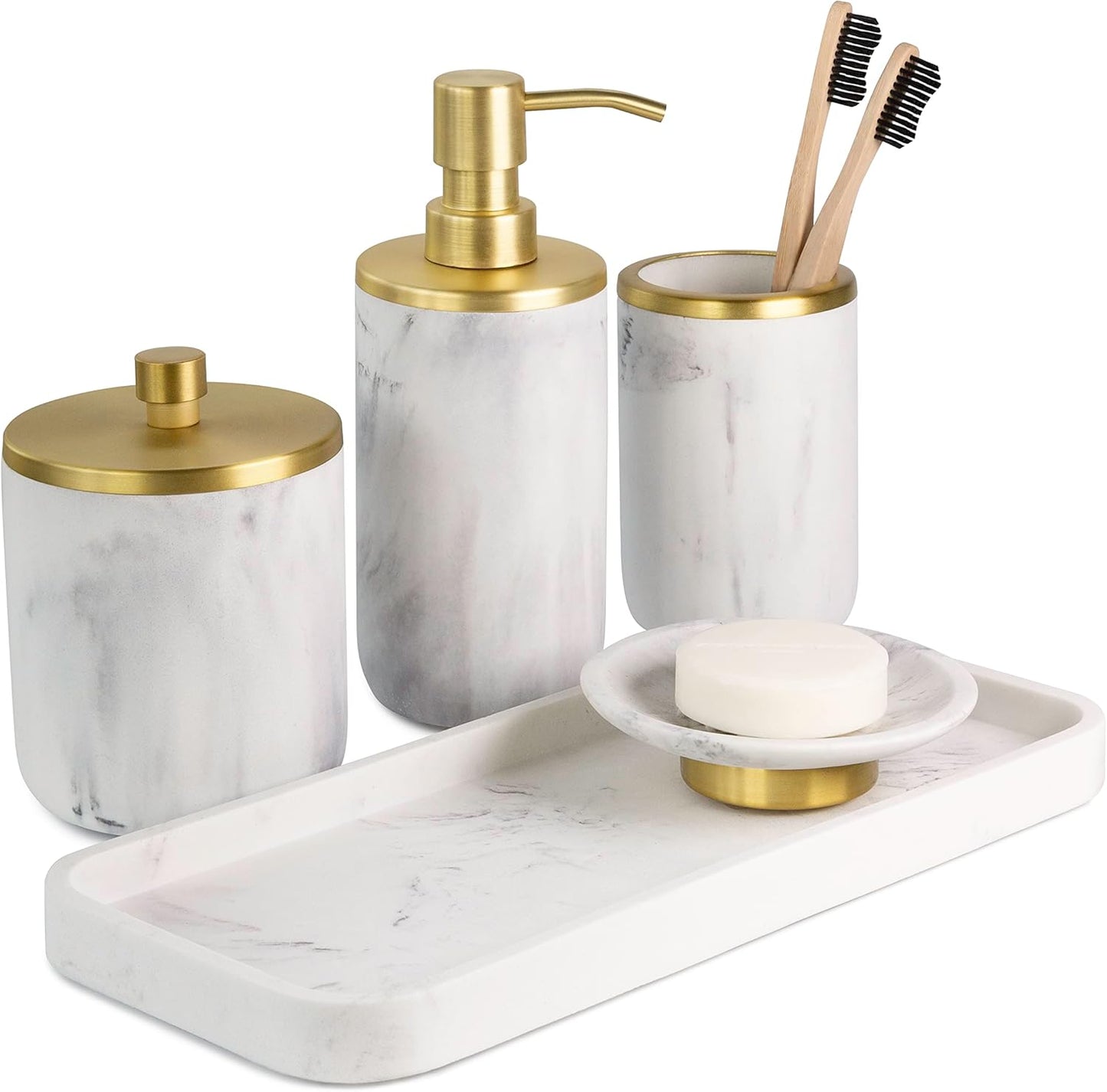 Bathroom Soap Dispenser Set - Bathroom Toothbrush Holder Set, Marble, Gold, Farmhouse Bathroom Decor, 5 Piece Bathroom Accessories Set