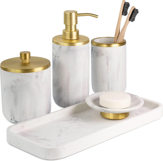 Bathroom Soap Dispenser Set - Bathroom Toothbrush Holder Set, Marble, Gold, Farmhouse Bathroom Decor, 5 Piece Bathroom Accessories Set