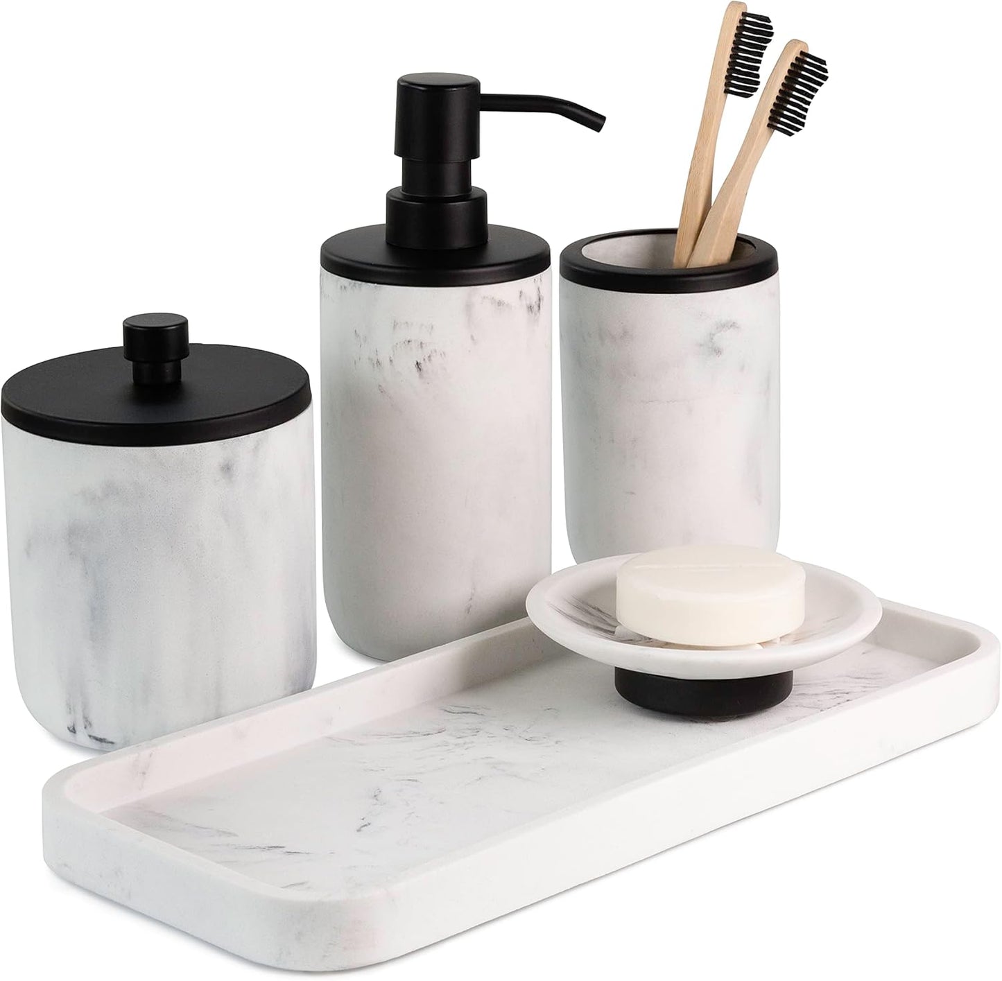 Bathroom Soap Dispenser Set - Bathroom Toothbrush Holder Set, Marble, Gold, Farmhouse Bathroom Decor, 5 Piece Bathroom Accessories Set