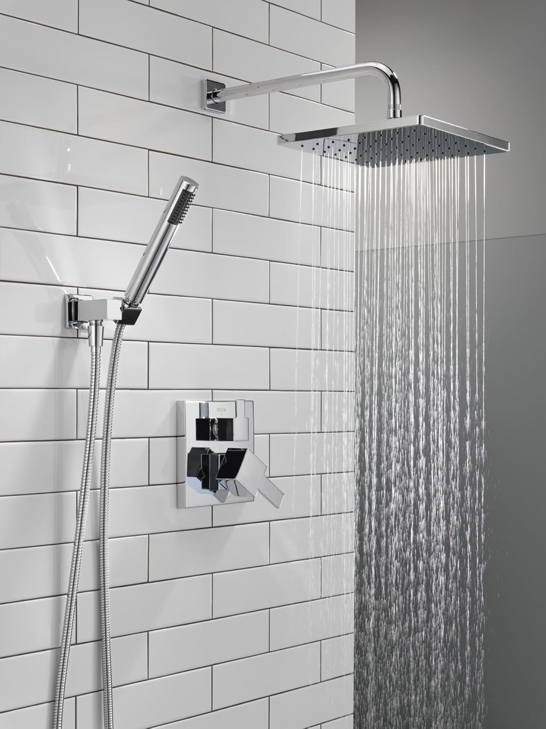 Delta Modern 14 Series Square Rain Shower System Faucet Set, Rainfall Chrome Shower Head and Handle Set, Valve Trim Kit, 10 Inch, Chrome 342701