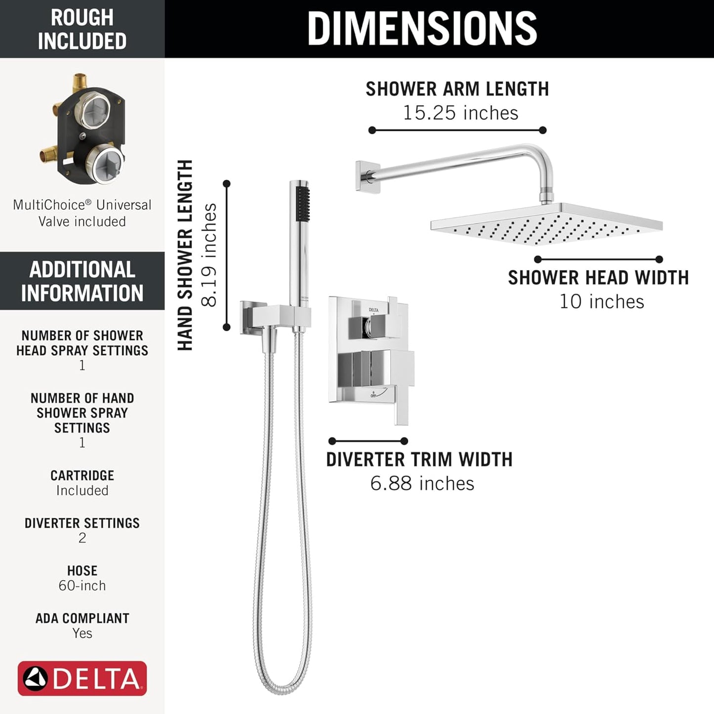 Delta Modern 14 Series Square Rain Shower System Faucet Set, Rainfall Chrome Shower Head and Handle Set, Valve Trim Kit, 10 Inch, Chrome 342701