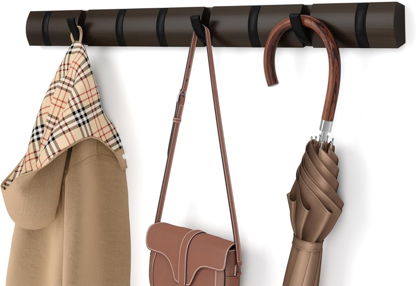 Umbra FLIP Wall Mounted Floating Rack – Modern, Sleek, Space-Saving Hanger with Retractable Hooks to Hang Coats, Scarves, Purses and More, Walnut/Gold