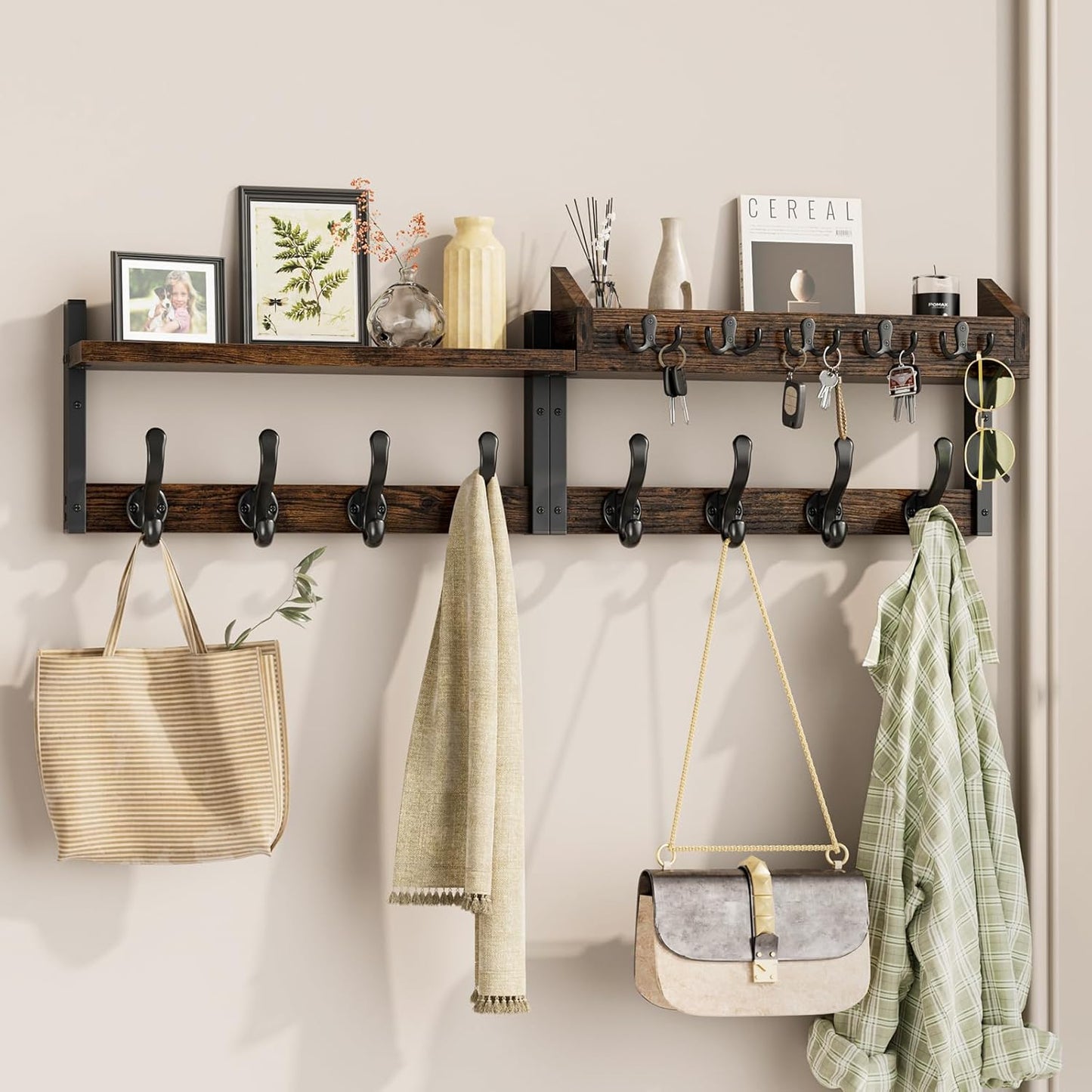 Evermagin 29" Coat Rack Wall Mount with Shelf, 4 in 1 Coat and Key Hanger with 11 Metal Hooks, Entryway Wall Mounted Shelf with Mail Holder for Living Room, Bedroom, Rustic Brown
