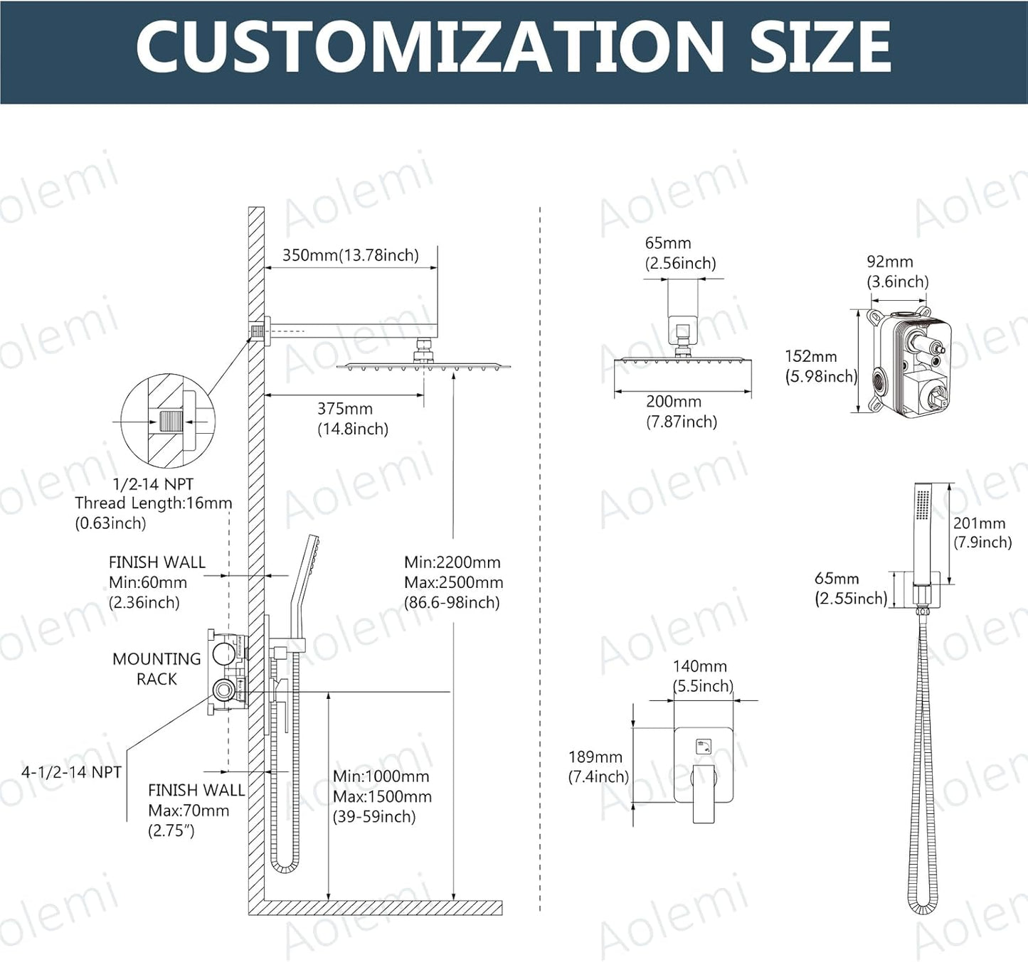 Aolemi Shower Faucet Set Rain Shower System with Handheld Spray Bathroom Shower Combo Rough-in Valve and Shower Trim Kit Included Matte Black 8 Inch Wall Mount Shower Head