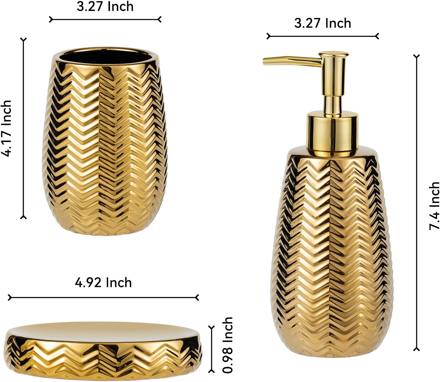 Gold Bathroom Accessories 4pcs Stylish Bathroom Accessories Set Gold Soap Dispenser Pump, Tumbler, Soap Dish and Trash Can Modern Decor Wavy Design Ceramic Bathroom Accessory Set