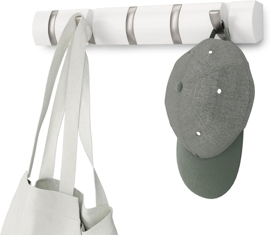 Umbra Flip Wall-Mounted Coat Rack Rail Hook for Hats, Jackets, Bags and More – Modern, Space-Saving Storage Organizer for Entryway, Mudroom, Closet, Bathroom, Bedroom, Kids Room, or Nursery, 5 Hooks,
