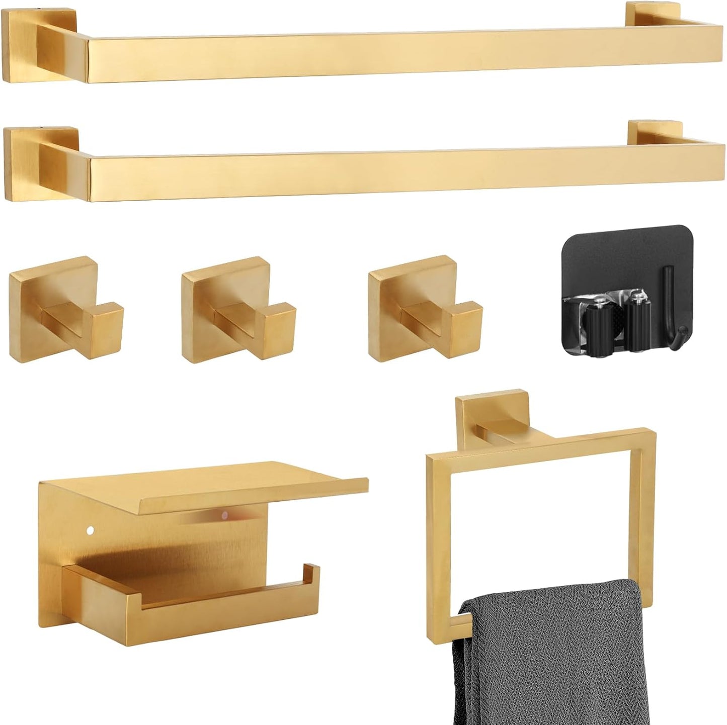 8-Piece Gold Bathroom Hardware Set, 23.6 Inch Towel Bars Set, Brushed Gold Bathroom Accessories Stainless Steel Bathroom Hardware Set Wall Mounted