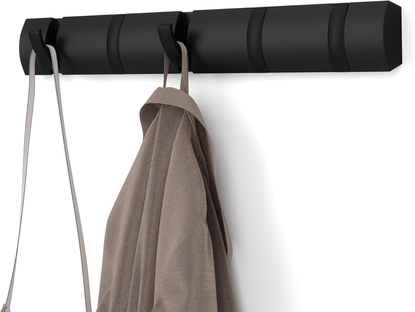 Umbra FLIP Wall Mounted Floating Rack – Modern, Sleek, Space-Saving Hanger with Retractable Hooks to Hang Coats, Scarves, Purses and More, Walnut/Gold