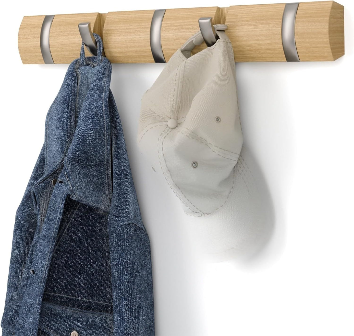 Umbra FLIP Wall Mounted Floating Rack – Modern, Sleek, Space-Saving Hanger with Retractable Hooks to Hang Coats, Scarves, Purses and More, Walnut/Gold