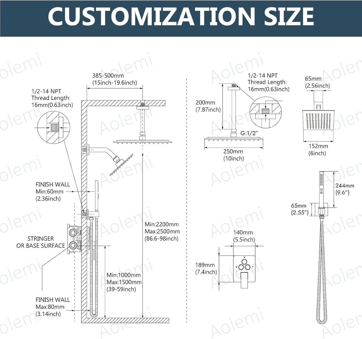 Aolemi Shower Faucet Set Ceiling Mount Shower System Rough-in Valve and Shower Trim Kit 10 and 6 Inch Dual Shower Head 2 in 1 Handheld Spray Push Button Diverter Matte Black