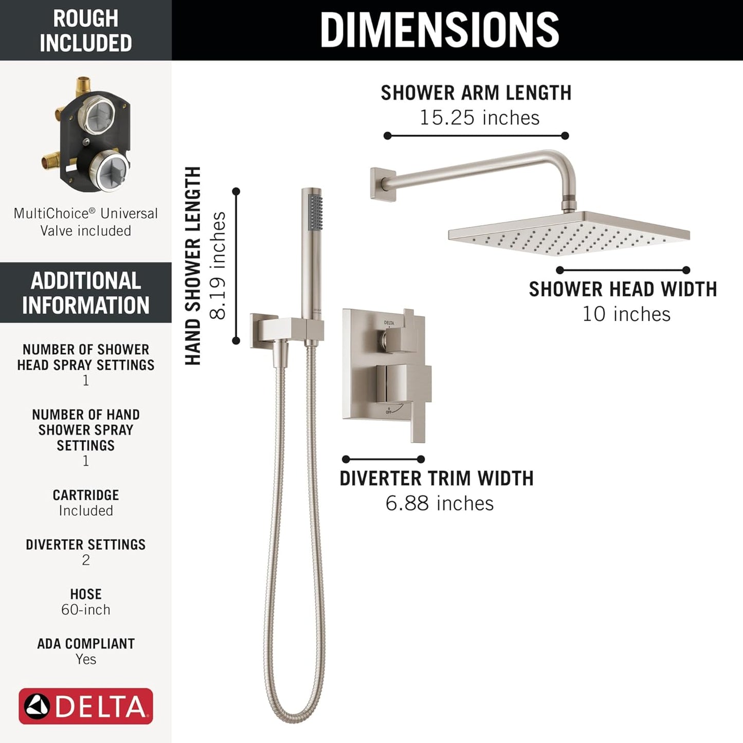 Delta Modern 14 Series Square Rain Shower System Faucet Set, Rainfall Brushed Nickel Shower Head and Handle Set, Valve Trim Kit, 10 Inch, Spotshield Stainless 342701-SP