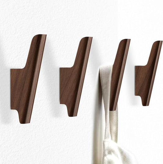 Wood Wall Hooks 4 Pack Coat Hooks Wall Mount Walnut Wooden Hooks for Hanging Hat, Bag, Backpack, Rustic Coat Hooks for Wall, Wood Towel Hooks for Bathrooms and Entryway Hooks (Walnut, Dark)
