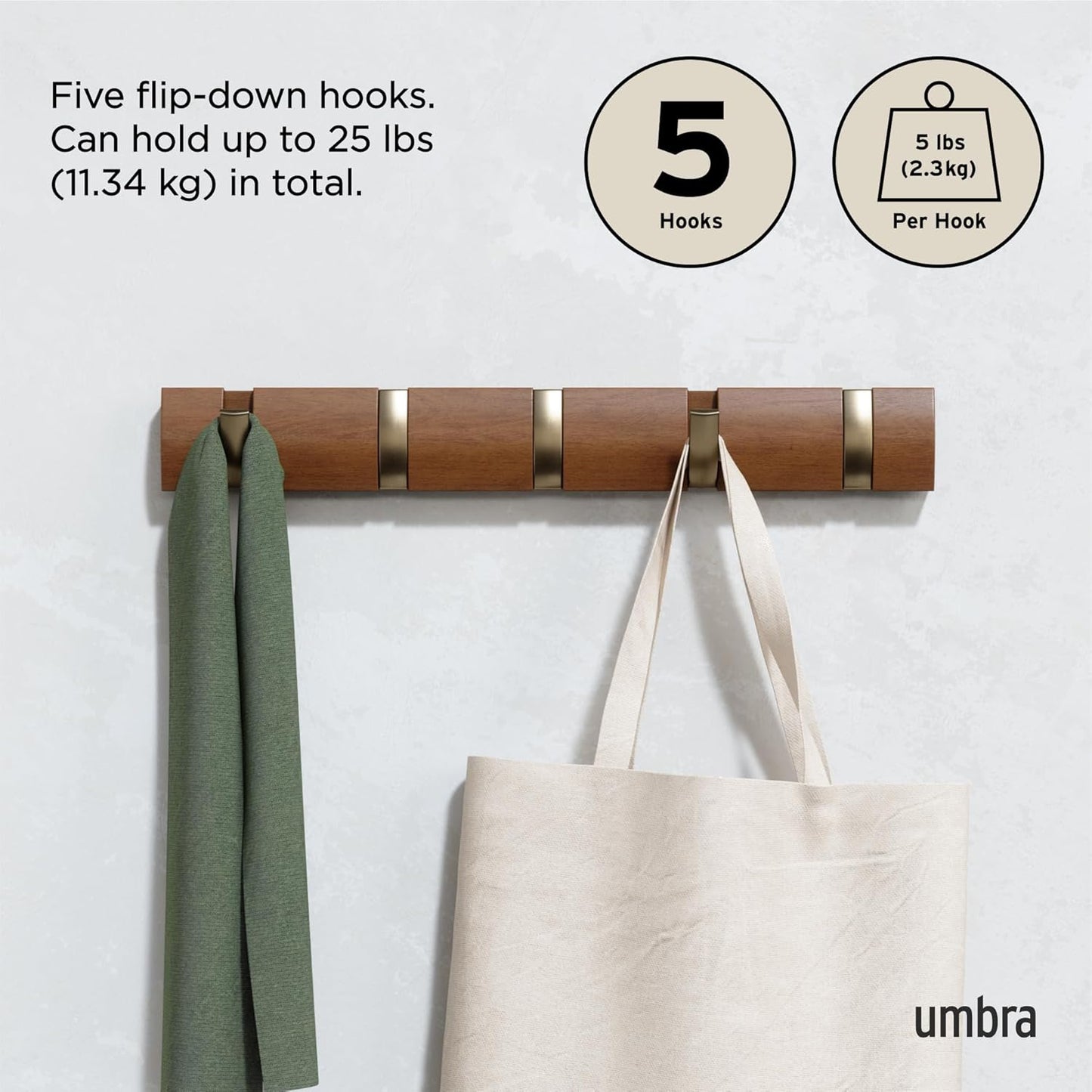 Umbra FLIP Wall Mounted Floating Rack – Modern, Sleek, Space-Saving Hanger with Retractable Hooks to Hang Coats, Scarves, Purses and More, Walnut/Gold