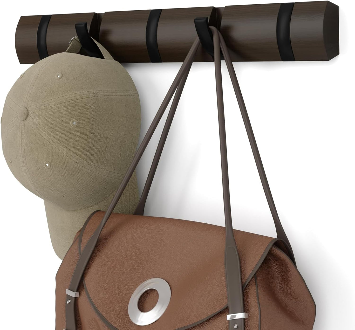 Umbra FLIP Wall Mounted Floating Rack – Modern, Sleek, Space-Saving Hanger with Retractable Hooks to Hang Coats, Scarves, Purses and More, Walnut/Gold