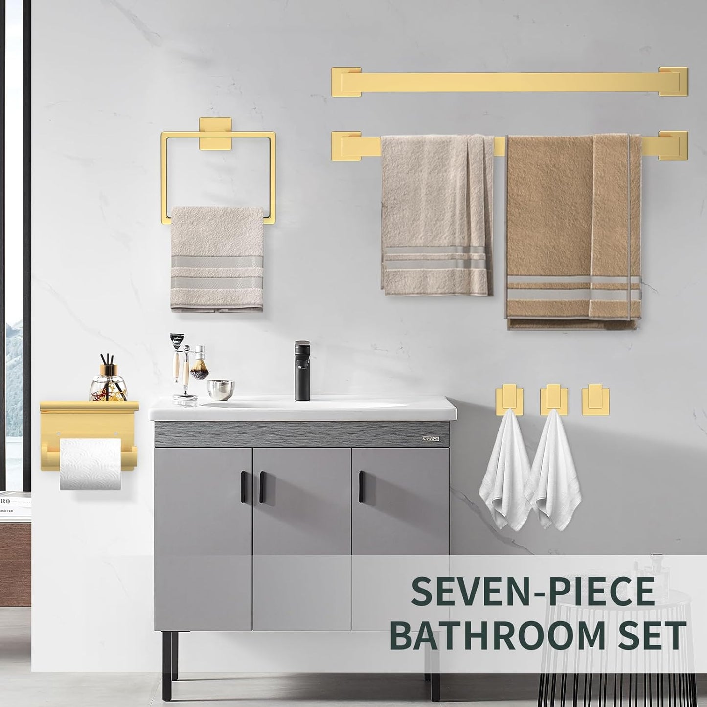 7 Piece Gold Bathroom Hardware Set with Brushed Gold Bathroom Accessories - Square 2 Towel Bars Towel Rack Stainless Steel 23-Inch