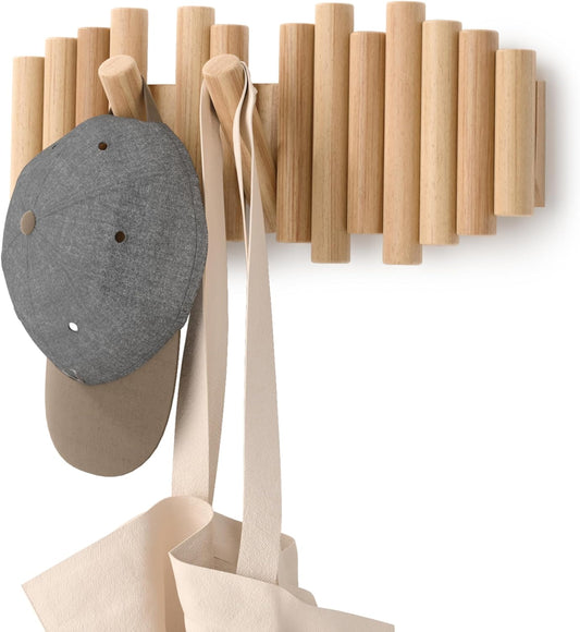 Umbra Picket 5 Hooks, Wall-Mounted Rail, Doubles as Art, Beveled Pine Wood Dowels, Natural Finish