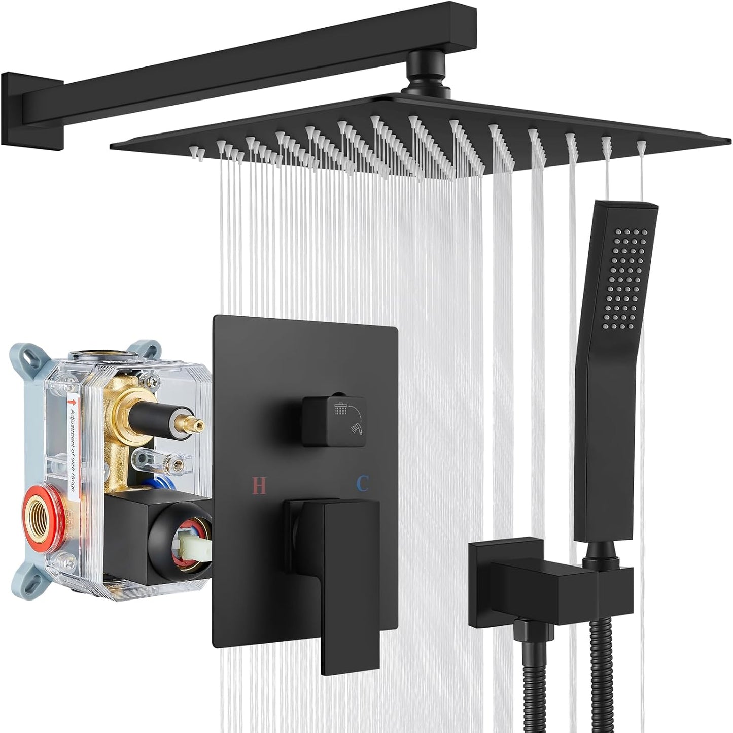 gotonovo Rainfall Bathroom Shower System Rain Shower Head and Handle Set Wall Mounted Shower Complete Combo Solid Brass Pressure Balancing Shower Mixer Valve 10 Inch Matte Black